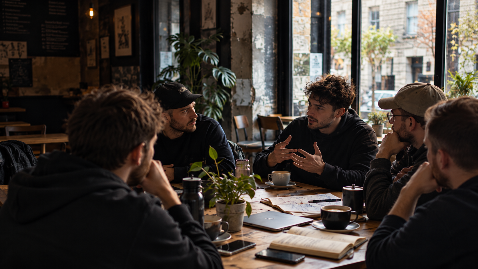 A group of men sitting around a café table in conversation over coffee