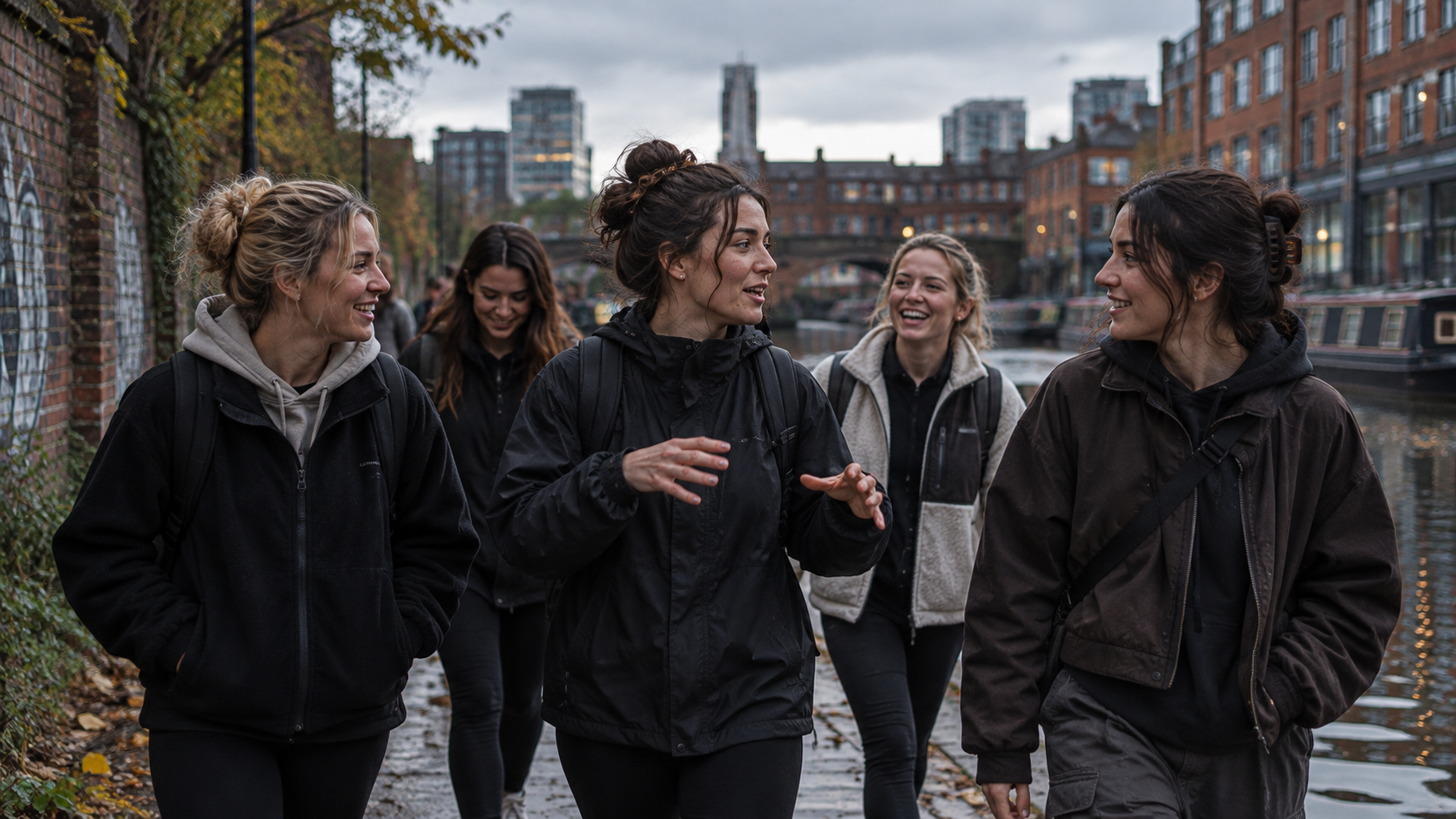 A group of women walking and chatting together along a city canal towpath